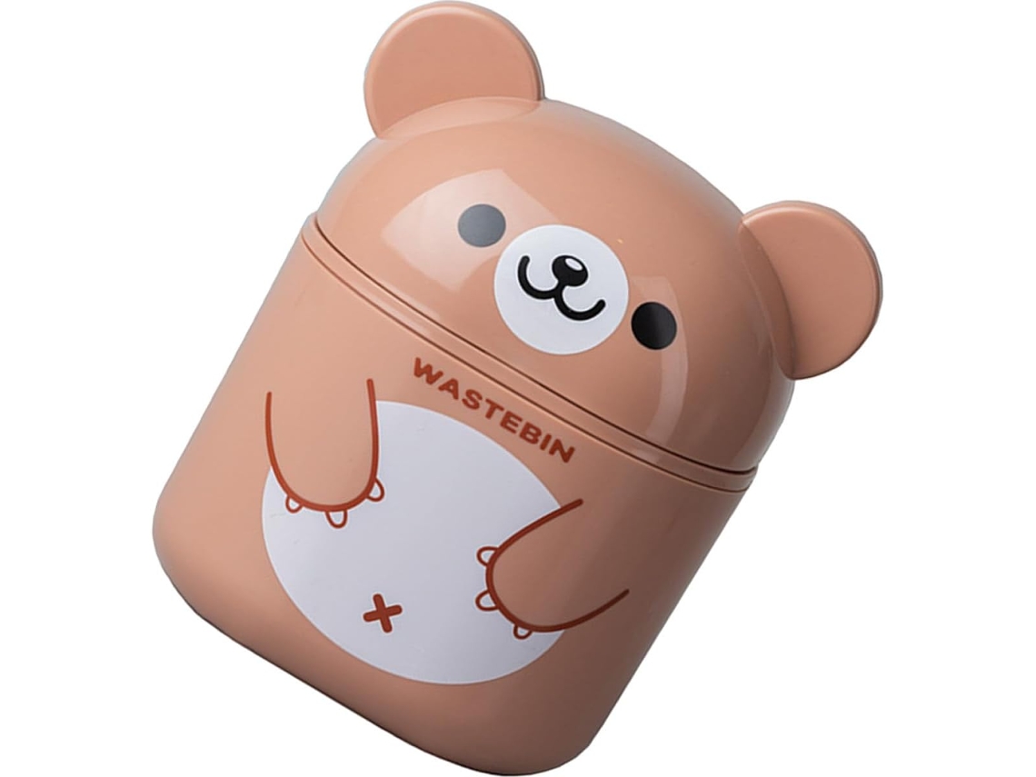 Papelera Kawaii de plástico PP marrón con tapa abatible para oficina y dormitorio.