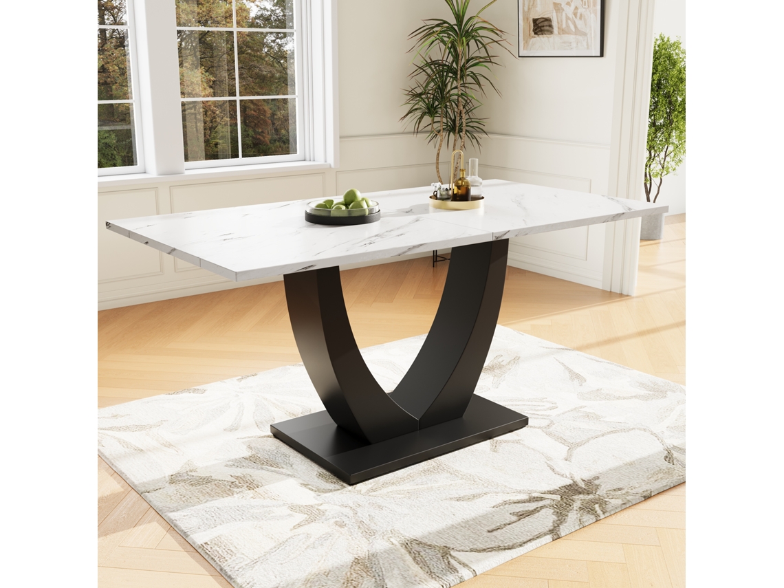 Mesa De Comedor 140x75,5 Cm - Mesa De Cocina Moderna, Estructura De Metal, Patrón Marmoleado, Pies Ajustables - Blanco/negro