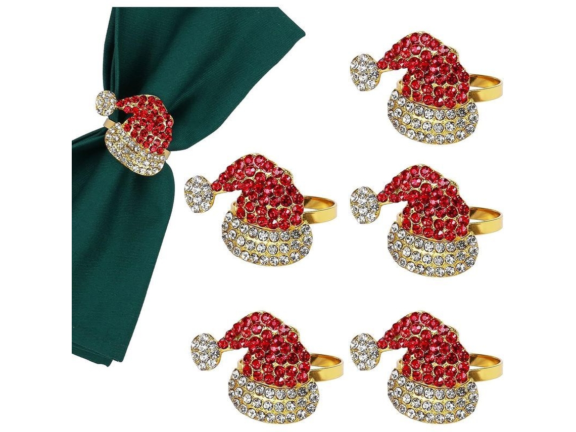 Juego De 6 Servilleteros Con Forma De Gorro Navideño, Preciosos Con Brillantes Diamantes Rojos Ljp