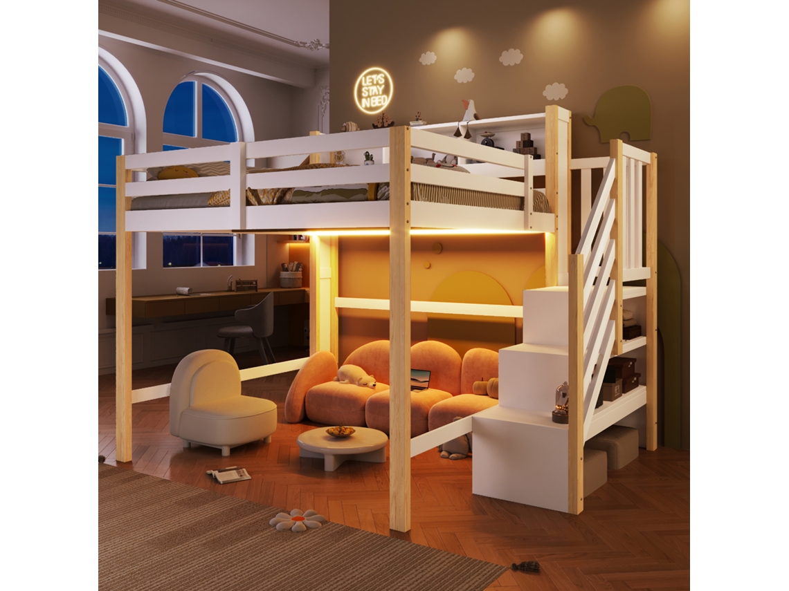 Litera Alta 140x200 Cm - Con Luces Led, Gran Almacenamiento, Escalera Y Estante Abierto - Blanco Y Natural
