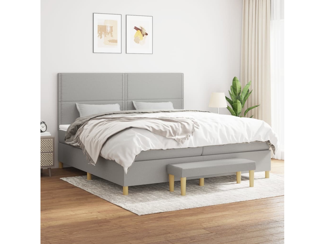 Cama Box Spring Con Colchón Tela Gris Claro 200x200 Cm