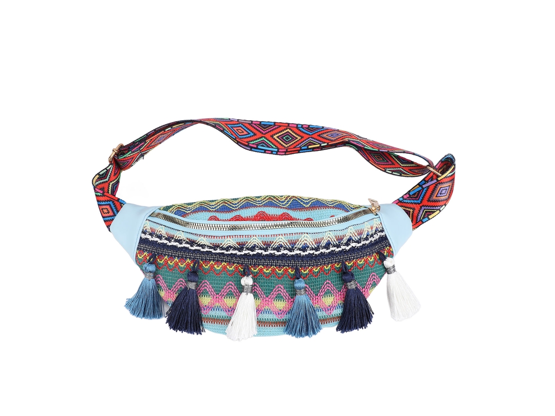 Bolsa De Cintura De Poliéster Estilo Folklórico Con Flecos, Gran Capacidad, Estilo Simple Y Elegante, Mochila Pecho Para Viaje Y Uso Diario Azul