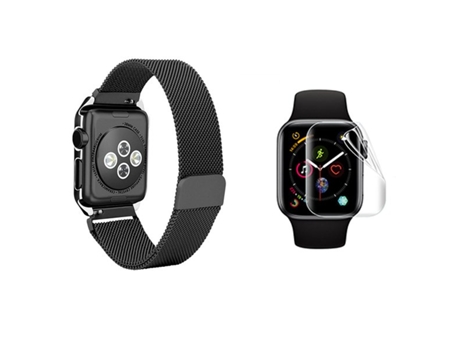 Kit De Correa Milanesa Con Cierre Magnético Película De Gel De Cubierta Completa Para Apple Watch Series 9 - 41 Mm - Negro