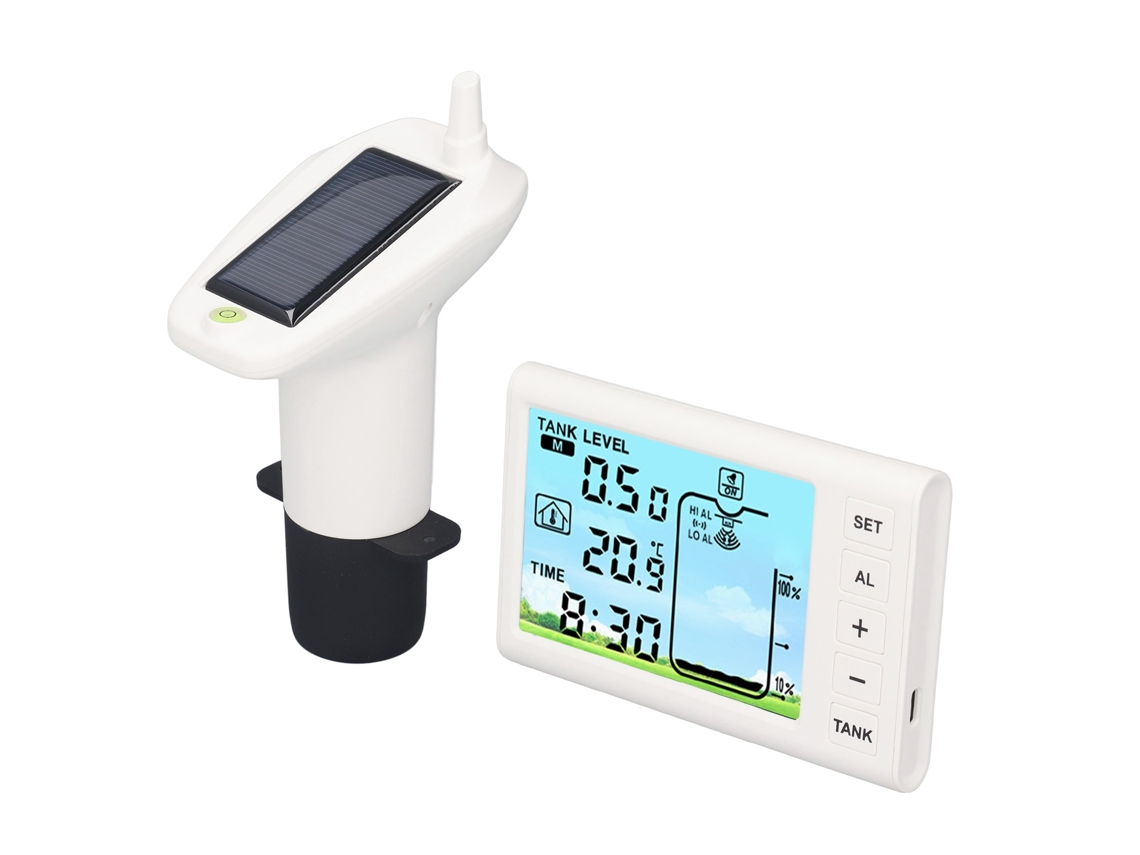 Sensor ultrasónico de nivel de tanque de agua con pantalla digital y medidor de profundidad para uso residencial.