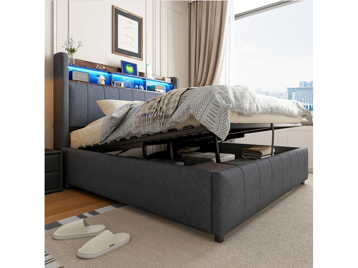 Cama Con Espacio De Almacenamiento, De 140x200 Cm, Con Iluminación Led, Puerto Usb, Cabecero Hidráulico Y Acabado En Lino Gris.