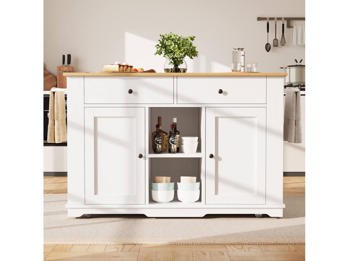 Carrito de cocina Mobrio blanco con ruedas y enchufes, con cubierta extensible, 2 puertas, 2 cajones y 2 compartimentos