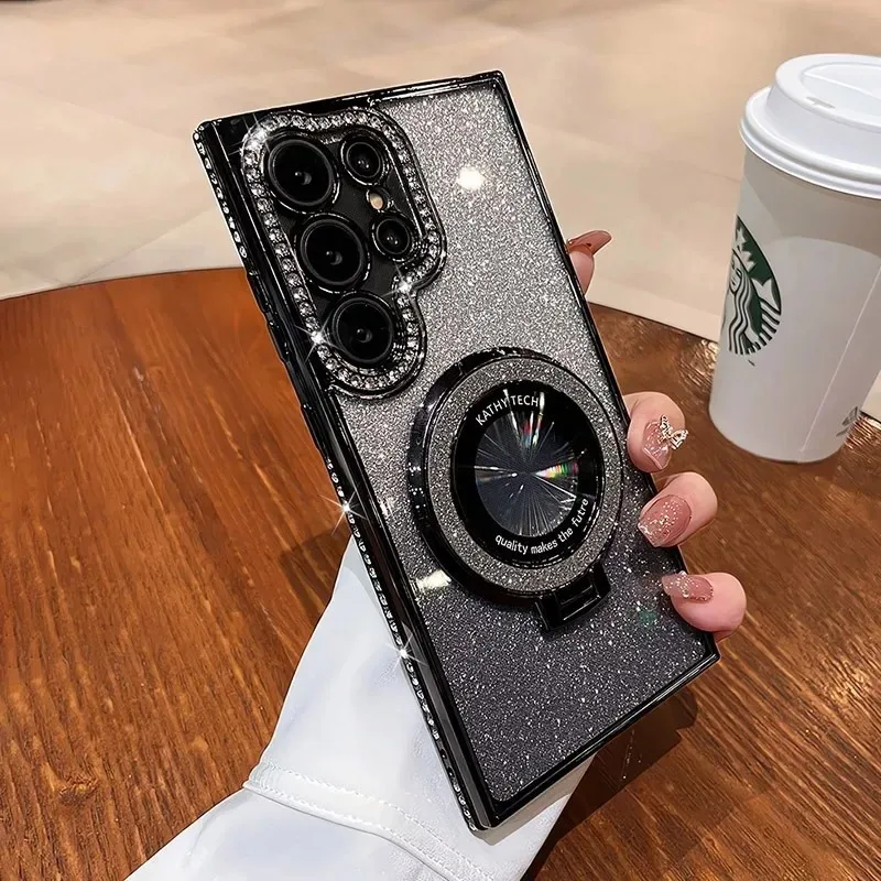 (samsung S25 Negro) Funda Magnética Con Efecto Degradado De Diamante Para Teléfonos Samsung Con Soporte Magsafe.