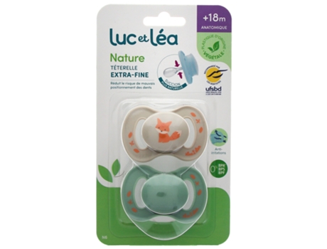 LUC ET LÉA Nature 2 Chupetes Anatomiques Téterelle Extra-Fine 18 Mois Modelo : Topo Zorro Y Verde