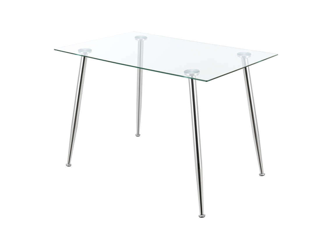Mesa de cristal Hyrynsalmi versátil con 4 patas de acero 110 x 70 x 75 cm - Transparente y Cromo [en.casa]