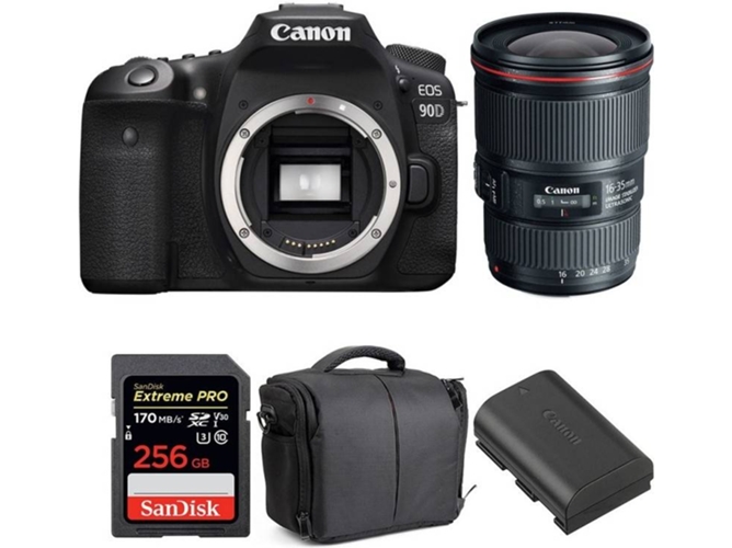 Kit Cámara Réflex CANON EOS 90D + EF 16-35mm f/4L IS USM + SanDisk 256GB + LP-E6N + Bolsa