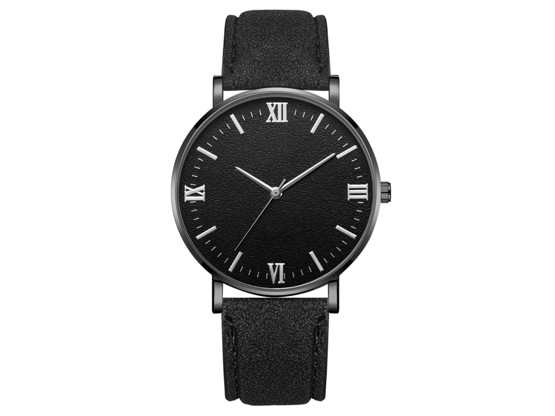 Reloj De Pulsera Mecánico De Cuarzo Con Correa Negra Caja Negra Esfera Negra Manecillas Plateadas