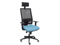 Silla de oficina Horna con mecanismo sincronizado, tapizada en tela azul claro y malla negra.