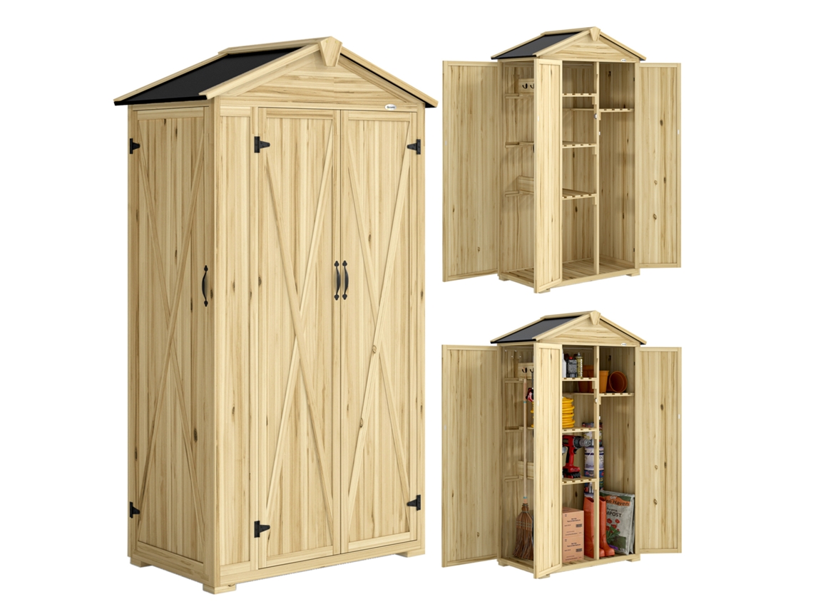 Caseta de jardín de madera, 93x53x168cm, con armario, 4 estantes, 3 puertas, ganchos | Sin marca