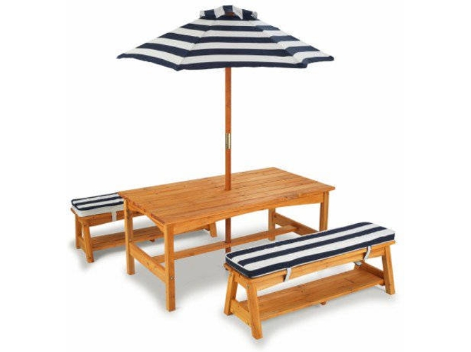 Kidkraft 106 Juego de mesa y 2 bancos madera para niños con sombrilla cojines muebles exterior al aire libre rayas azul