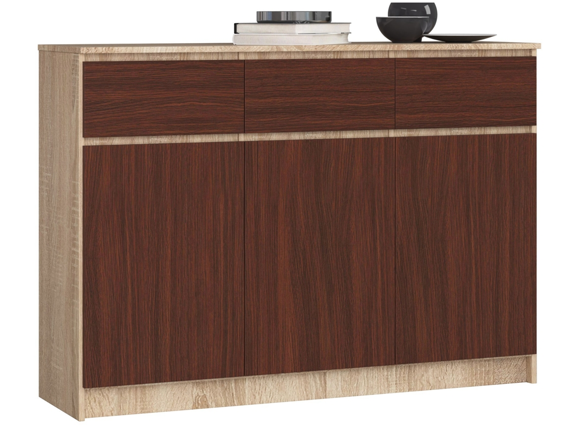 Cómoda Akord K140 Roble Sonoma 138 Cm 3 Puertas 3 Cajones Frente En Color Wenge 6 Estantes 138x40x99 Cm