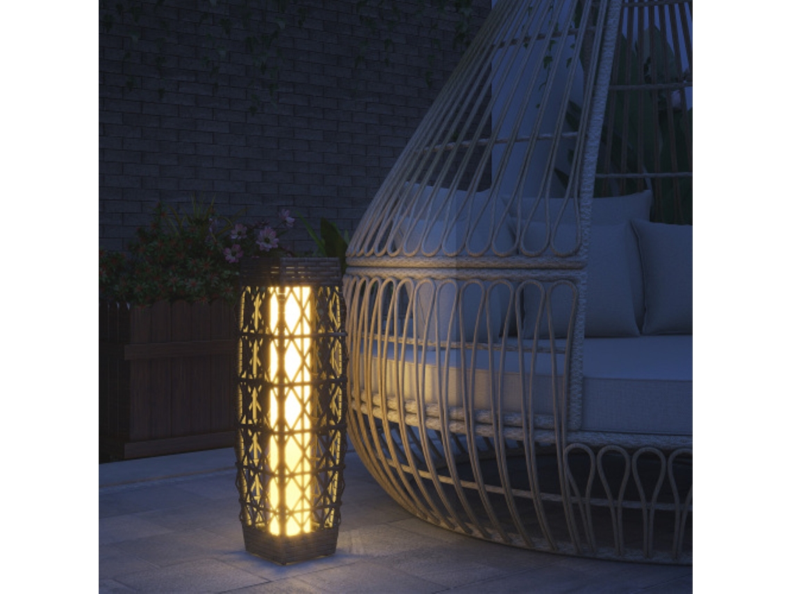 Lámpara solar LED para jardín con ratán y sensor de luz, gris, resistente a los rayos UV para uso en exteriores.