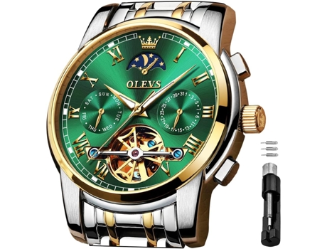 VEANXIN Reloj Tourbillon luminoso de acero inoxidable con fase lunar, mecánico, automático, hueco, resistente al agua, para hombre(oro plata)