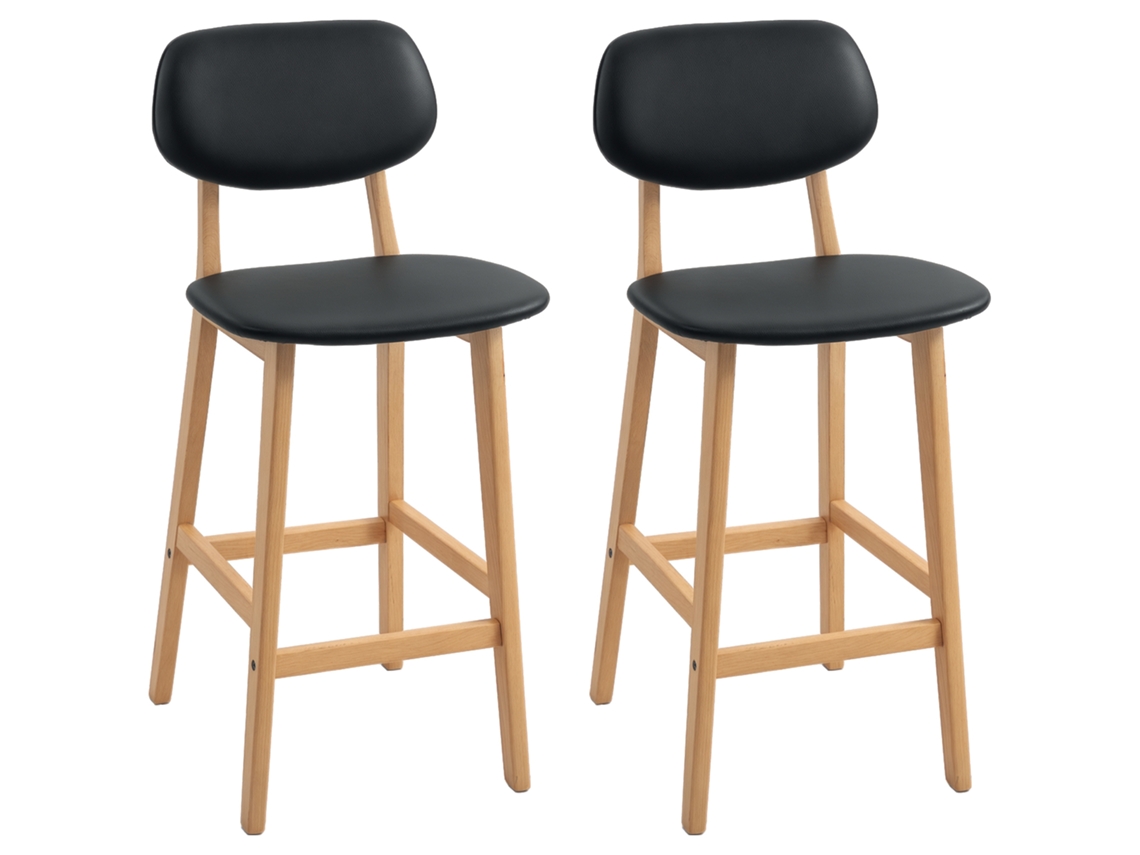 Juego de 2 taburetes altos, tapizados en material sintético con respaldo y patas de madera, color negro.