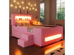 Cama Con Plataforma Tapizada De 90x200 Cm Con Escalera, Cajones, Led, Usb Y Bolsillos, Color Rosa.