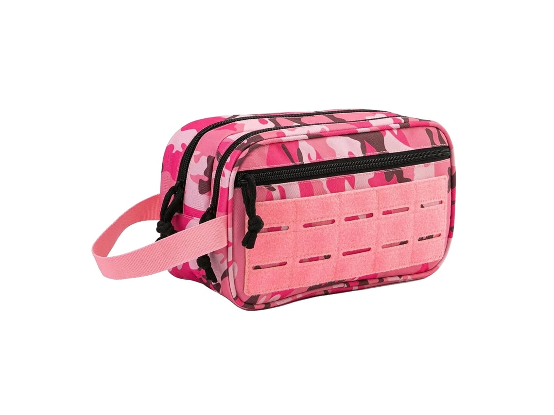 Neceser táctico, diseño compacto, material resistente, camuflaje rosa.