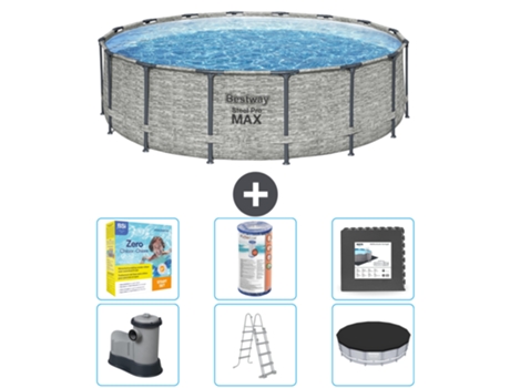 Piscina BESTWAY Round Steel Pro MAX - Estampado Piedra - 488 x 122 cm - Incluida Bomba - Escalera - Cobertor Accesorios CB35