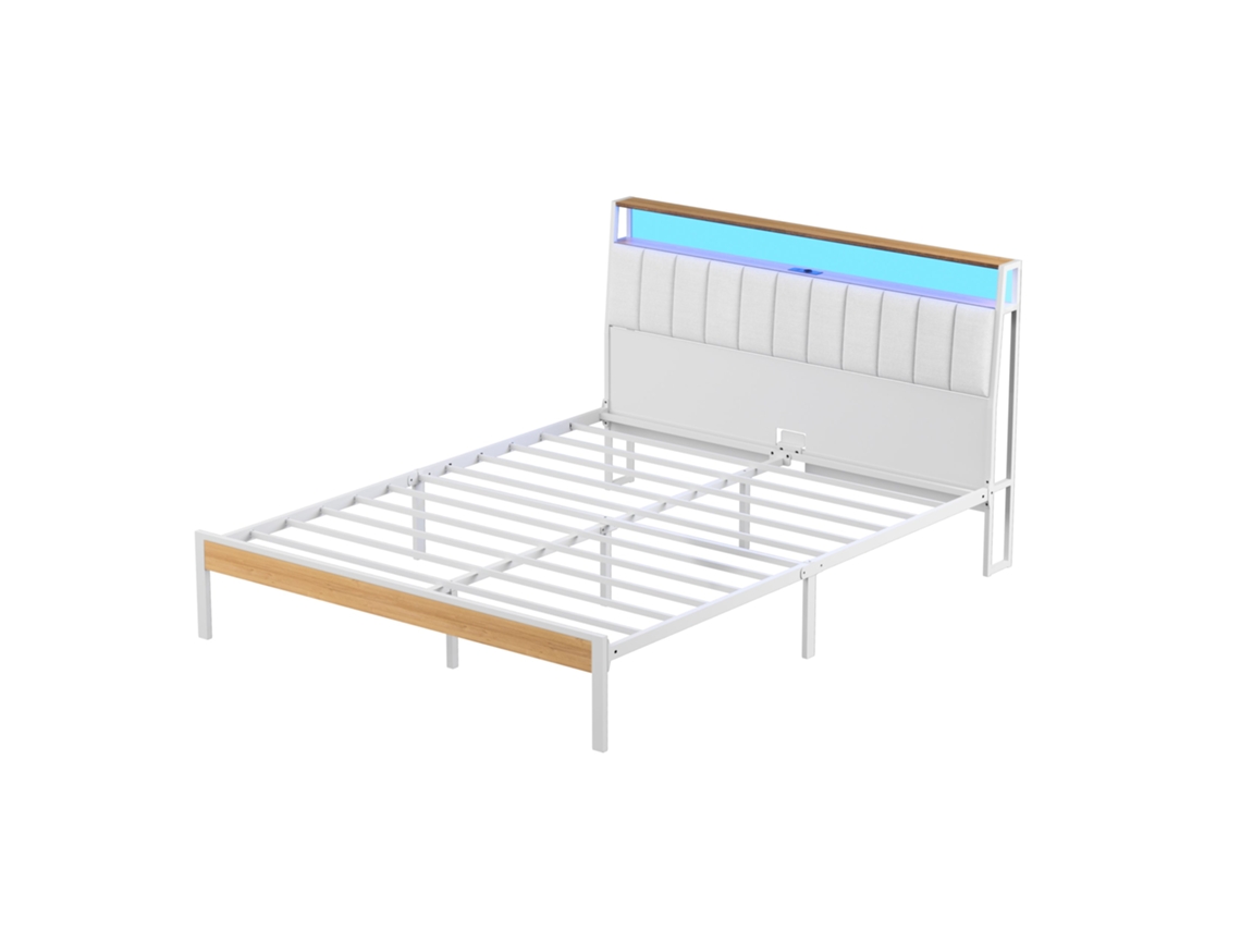 Estructura De Cama, 160 X 200 Con Base Metálica, Cama Doble, Con Luces Led Y Múltiples Enchufes (1 Enchufe Ca, 2 Puertos Usb)