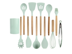 Conjunto de Utensílios de Cozinha 12 Peças Conjunto de Panelas Resistentes Ao Calor de Silicone com Cabo de Madeira-Verde GERTIZ