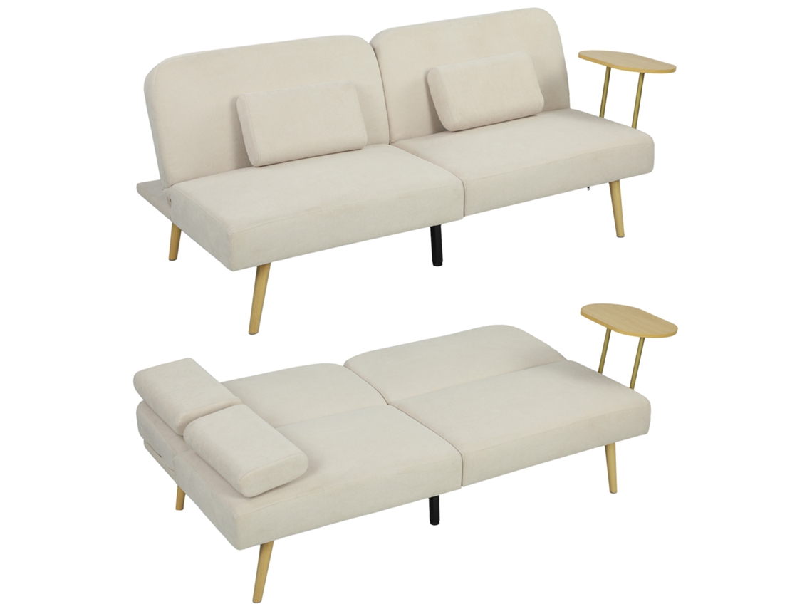 Sofá Cama De 3 Plazas Con Mesita Auxiliar Plegable, 196x86x81 Cm, Color Beige.