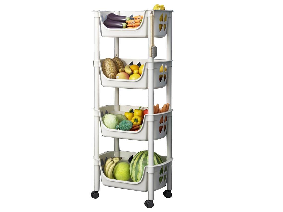 Estantería Móvil Multinivel Con Ruedas Para Frutas Y Verduras De Cocina, Color Beige, 4 Niveles.