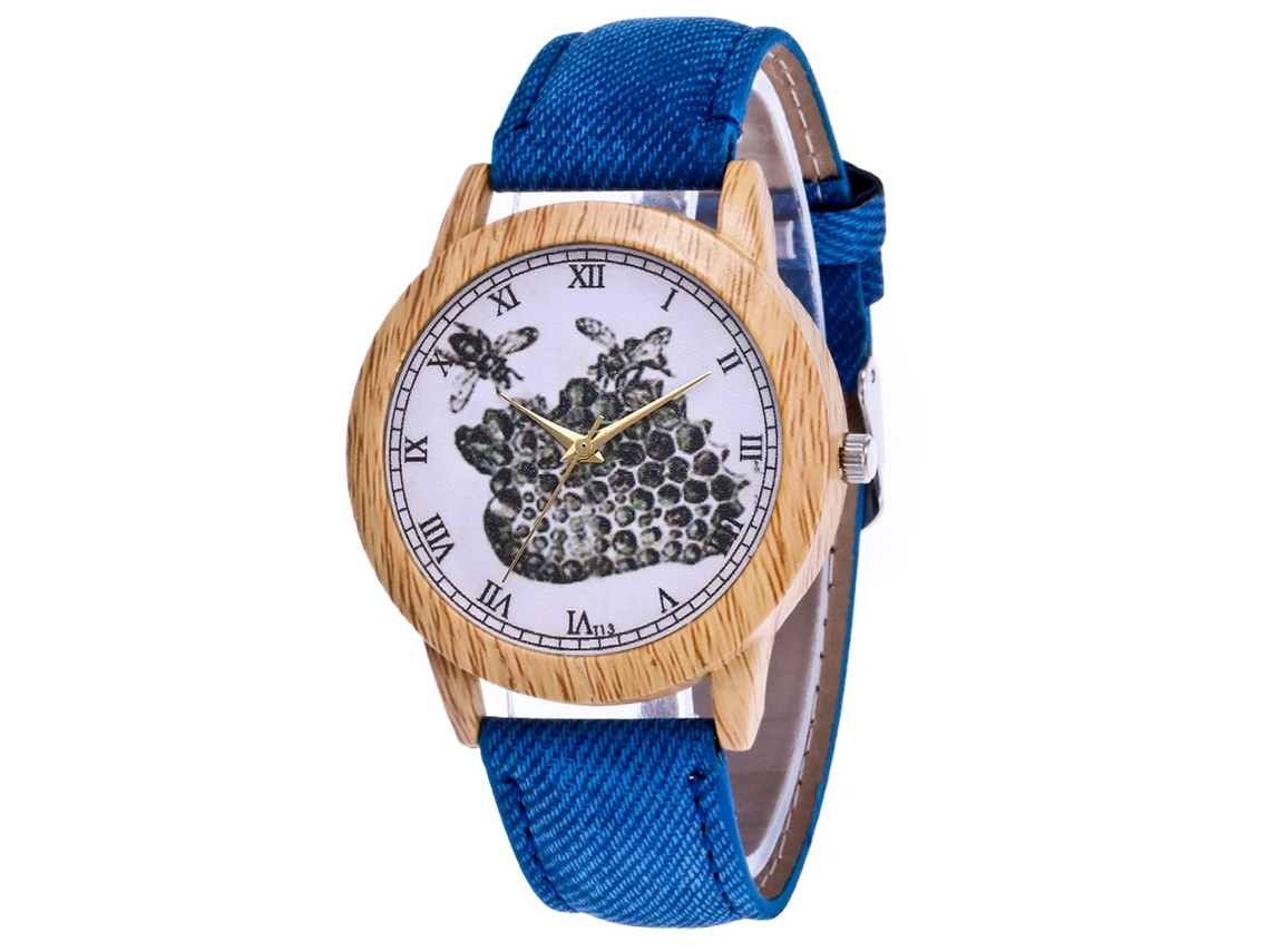 Reloj De Pareja Vintage Con Patrón De Abeja Acero Cuarzo Canvas Azul Zhoulianfa
