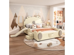 Cama Infantil De Piel Sintética 140x200 Cm - Con Tobogán Y Escalera - Beige