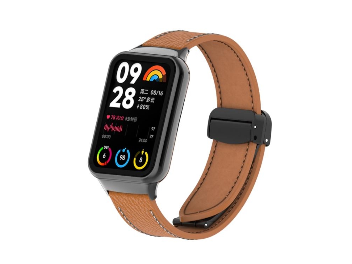 Bracelete Para Redmi Watch 6 / 5 / Xiaomi Band 9 Pro - Couro - Fivela Magnética Preta - Textura De Lichia Marrom