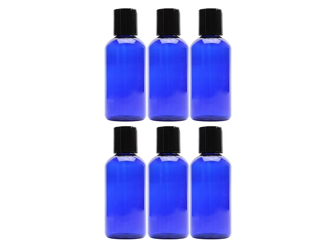 Botellas de plástico azul con tapa abatible