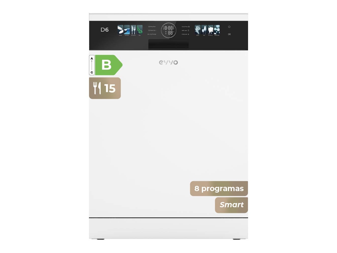 Lavavajillas Evvo D6 de 60 cm, capacidad para 15 servicios, clase B, apertura automática, luz UV, color blanco.