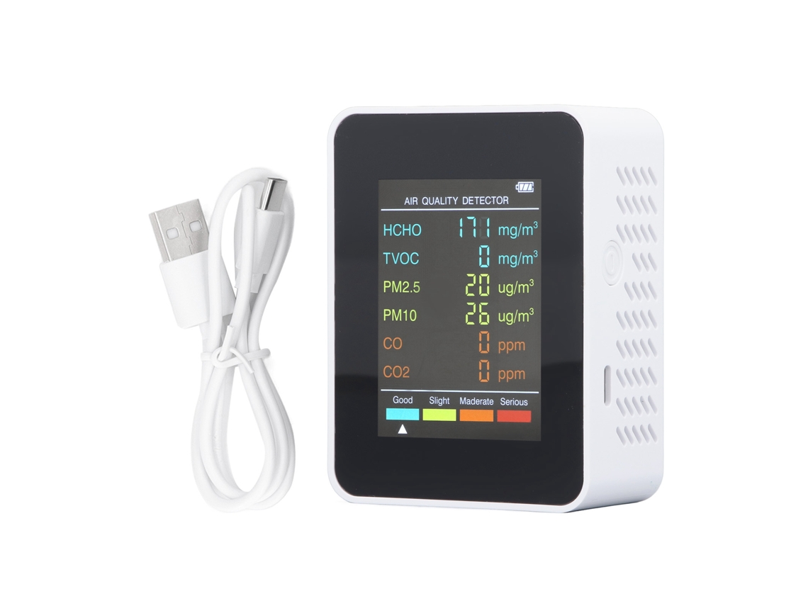 Monitor portátil de calidad del aire CO2 TVOC HCHO PM2.5 PM10 con alarma LCD blanca