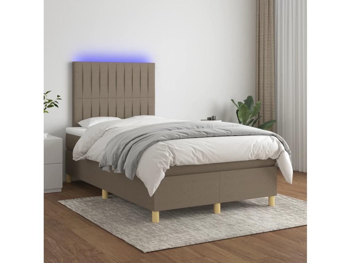 Cama Box Spring Con Colchón Y Led Tela Gris Taupe 120x200 Cm