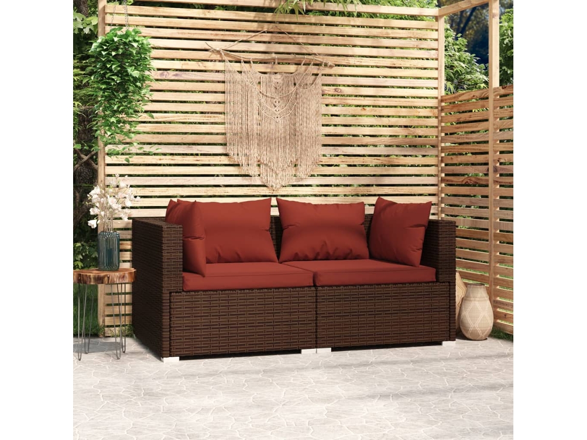 Sofá LOVELY HOME Relax de Jardín 2 Plazas con Cojines de Mimbre en Color Marrón (63 x 63 x 6 cm)