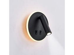 Lámpara De Pared Led Para Lectura Junto A La Cama, 12w (3w + 9w), Luz Cálida De 3000k, Regulable, Negra, Redonda.