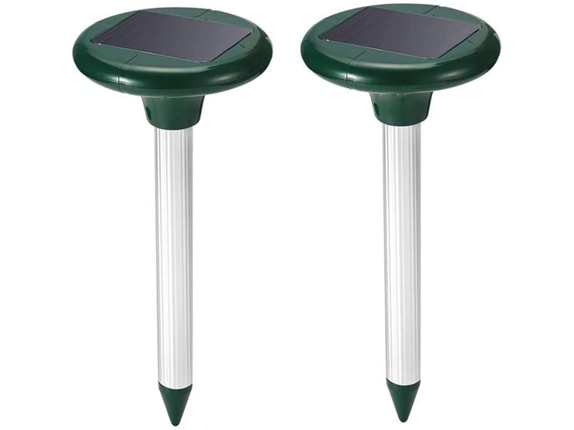 Un conjunto de repelentes subterráneos para plagas que contienen 2 fuentes de energía solar, impermeables, para jardines y patios exteriores.