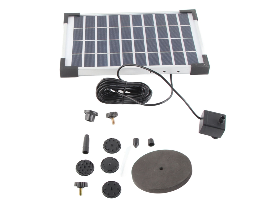 Bomba de agua solar con 6 boquillas, altura máxima de 180 cm, profundidad de 75 cm, eficiente para fuentes y depósitos.