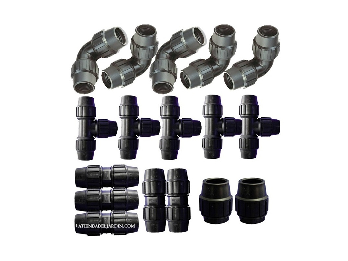 Pack Riego Tuberia 32Mm: 5 Te 5 Codo 5 Enlace 2 Tapon Fitting Negro de Polietileno para Tubo Agricola Y Alimentario SUINGA