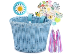 Cesta delantera para bicicleta infantil con adornos para el manillar y timbre, azul, sin marca.