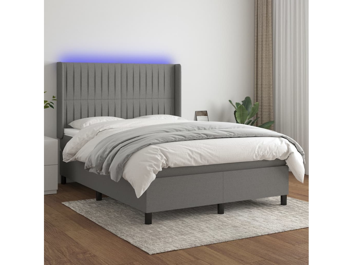 Cama Box Spring Colchón Y Luces Led Tela Gris Oscuro 140x200 Cm