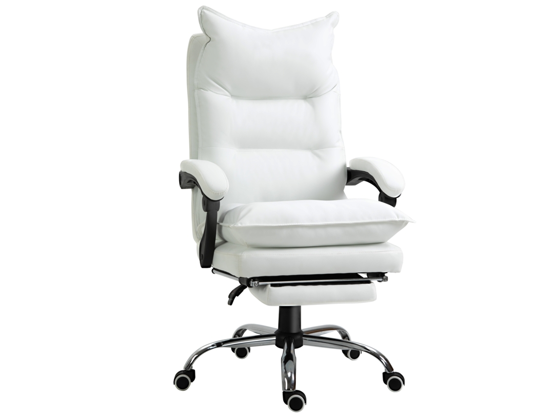Silla de oficina reclinable con reposapiés, giratoria, ajustable, blanca, sin marca.