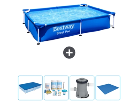 Piscina BESTWAY Rectangular Steel Pro - 221 x 150 x 43 cm - Azul - Incluida Cubrir - Paquete de mantenimiento - Bomba - Suelo