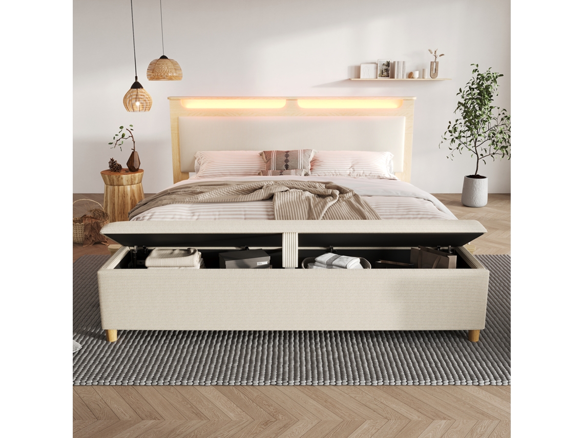Cama Doble De Madera 140×200 Cm - Cama Con Banco De Almacenamiento, Cabecero Con Led - Beige (sin Colchón)