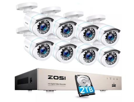 Kit de Vigilancia 8 cámaras color blanco ZOSI con disco duro HDD 2 TB para grabación de imágenes