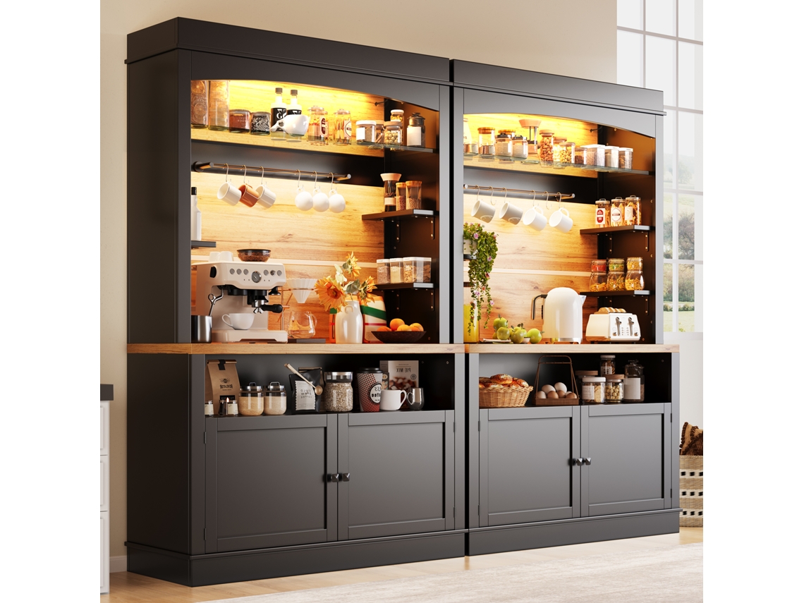 Armario De Cocina Alto 107x43x184 Cm - Vitrina Con Led Y Estantes Abiertos - Negro