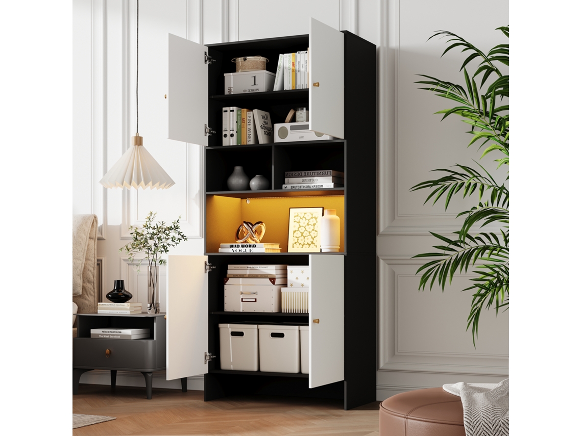 Aparador Multifuncional Con 4 Puertas Y 3 Compartimentos Abiertos. Fabricado En Madera, En Dos Tonos Blanco Y Negro. Ideal Para El Salón.