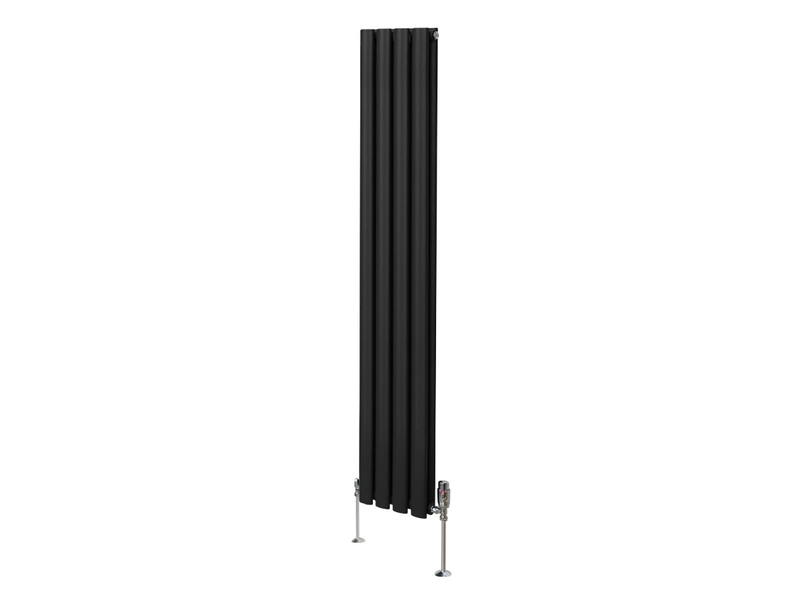 Radiador de columna ovalado negro de 1600x240 mm en acero al carbono con válvulas termostáticas cromadas, alta potencia de 2797.